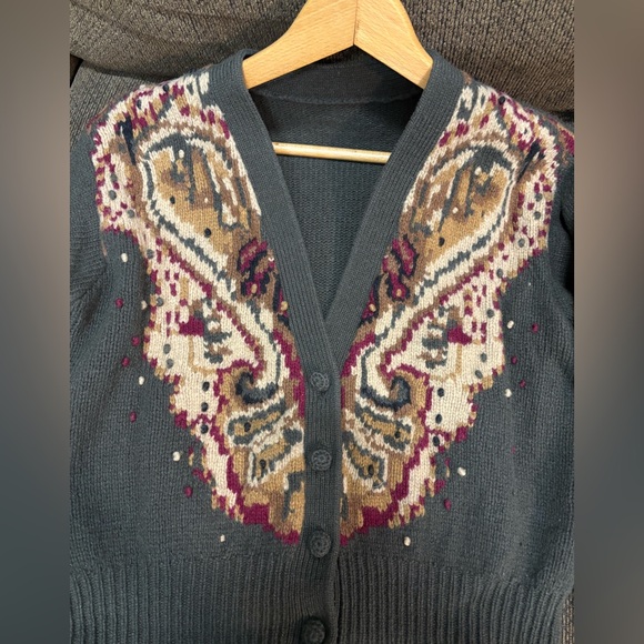Vintage Lamb Wool Cardigan Women Knit Sweater Sz S Parsley Pattern Army Green - Picture 4 of 4